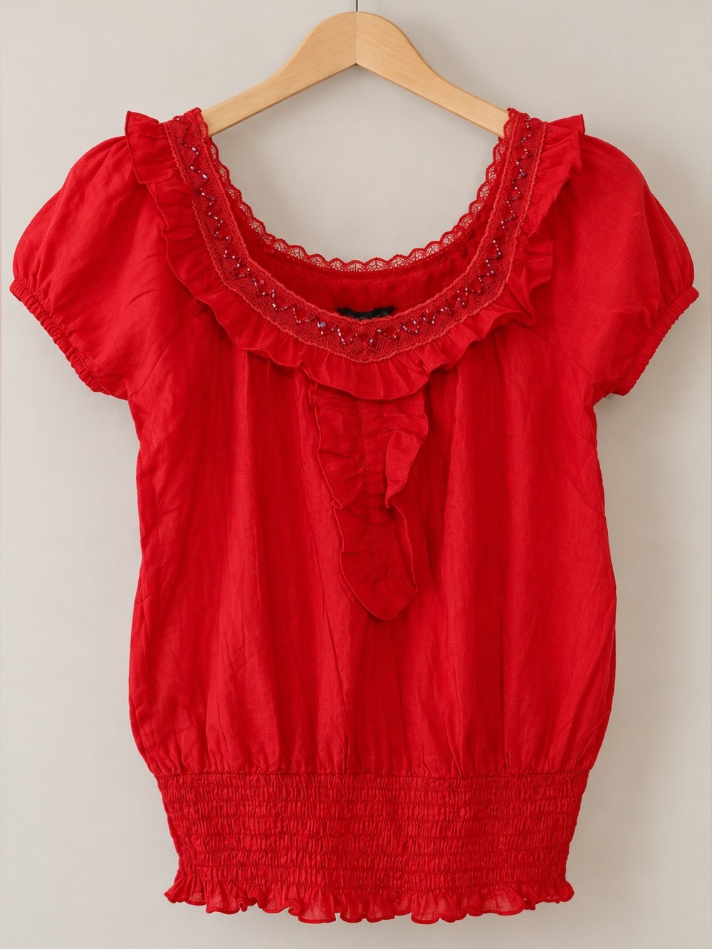 Chaudry KC Chic Boho Deep Pink Top Embellished Neck Smocked Waist NWT S #2418